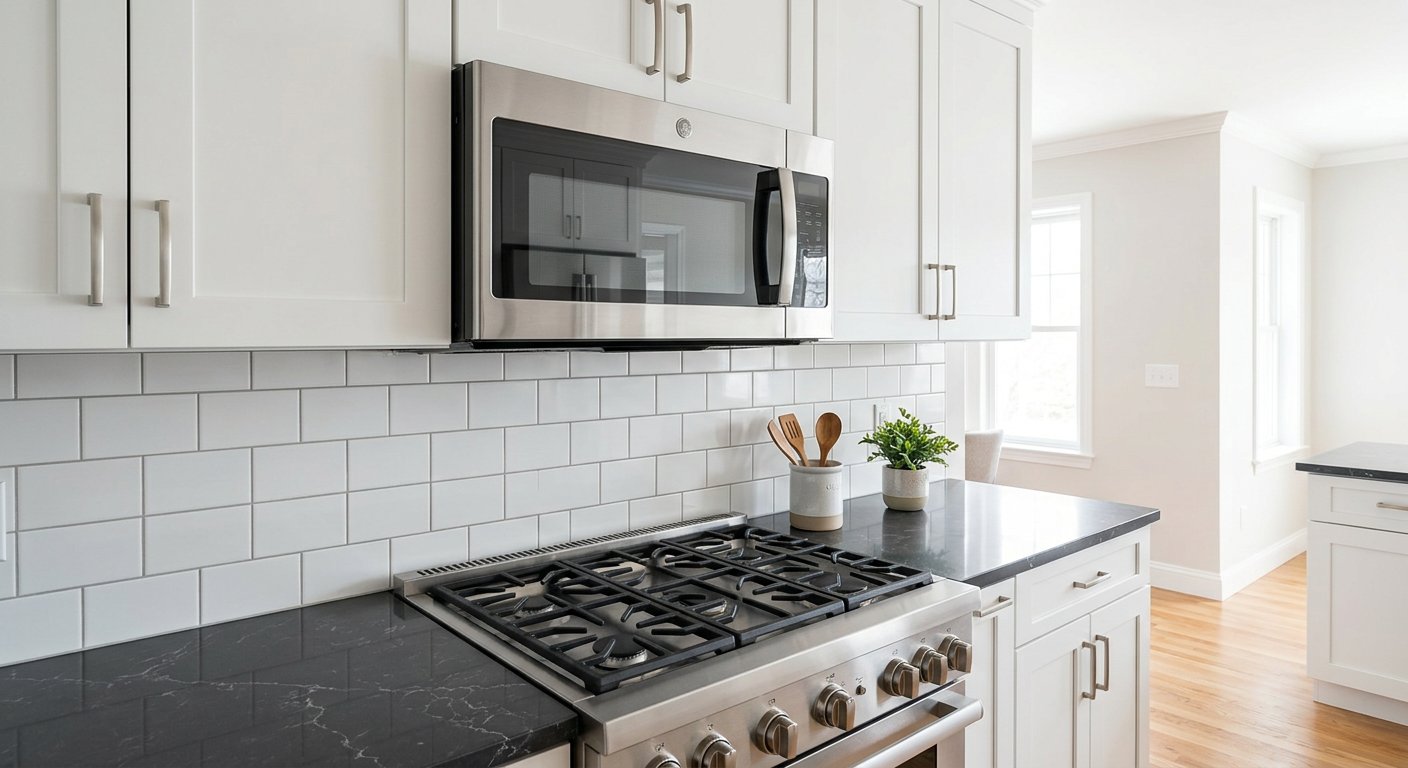Newly installed stainless steel over-the-range microwave