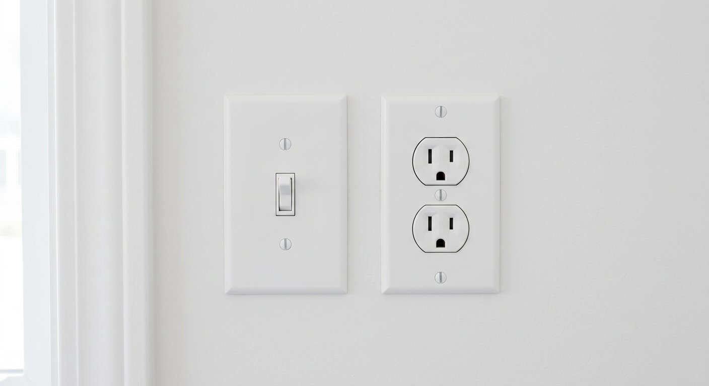 Newly installed white light switch and outlet