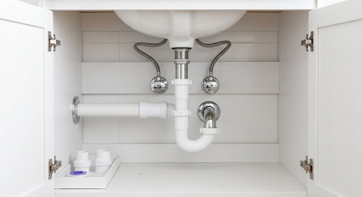 Tidy under-sink plumbing with new pipes and shutoff valves