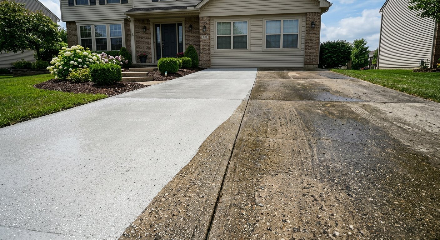 Concrete driveway mid-clean with a bright clean stripe