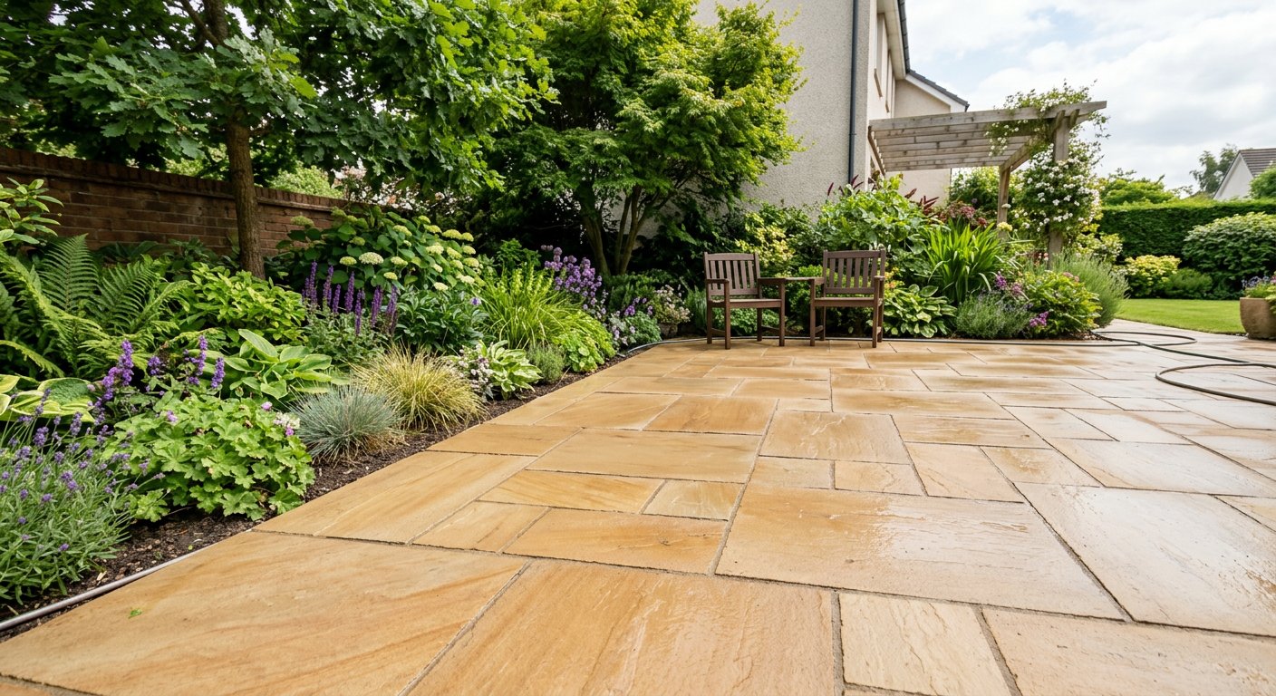 Freshly pressure-washed paver patio