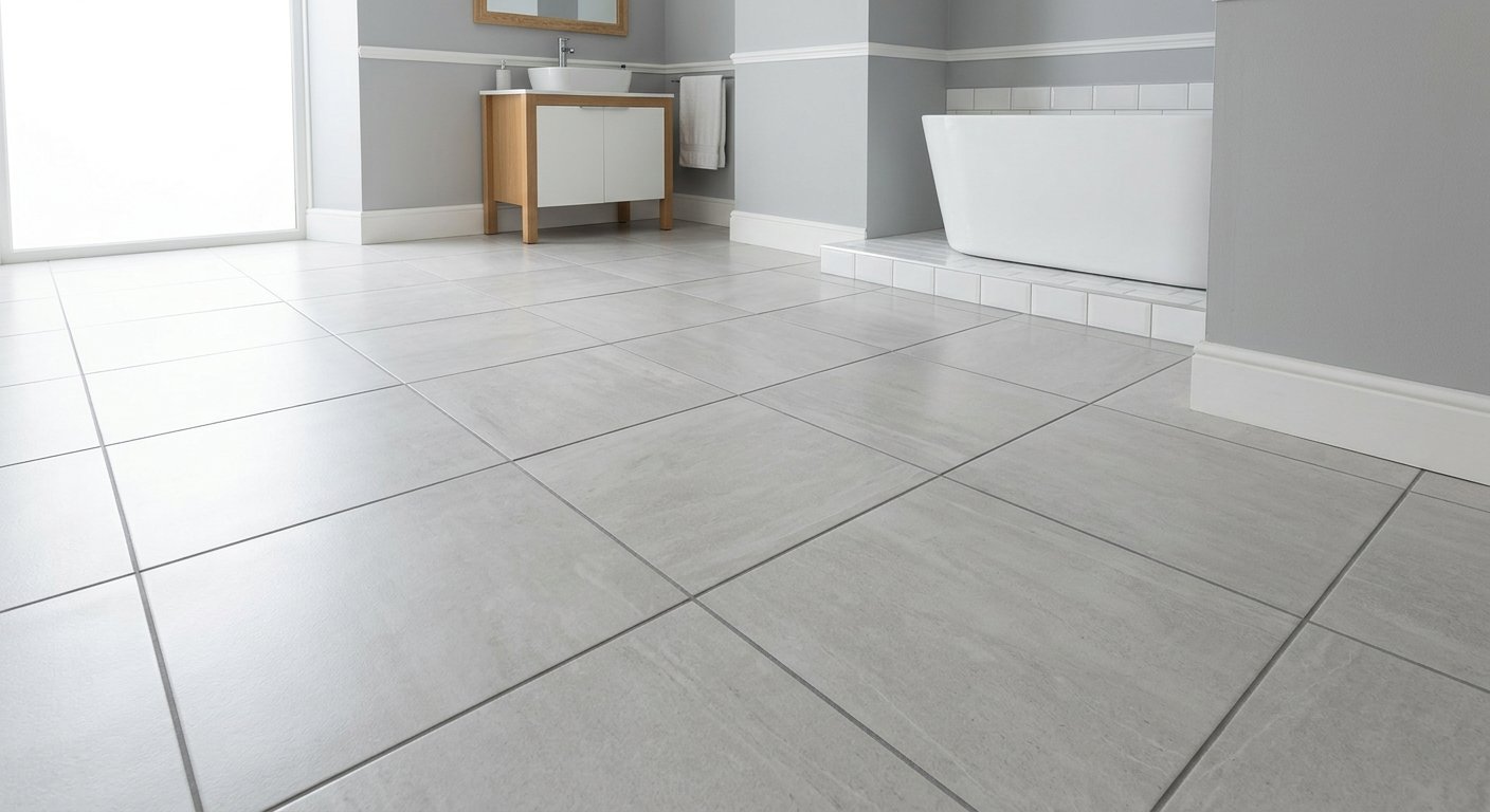 Freshly tiled bathroom floor with clean grout lines