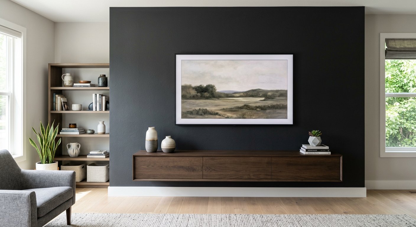 Large TV mounted on a modern accent wall