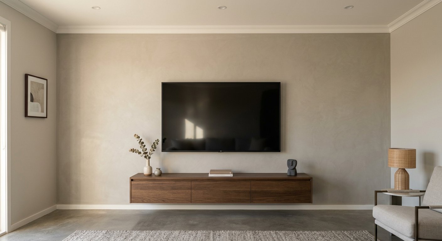 Flat-screen TV mounted flush with hidden cables